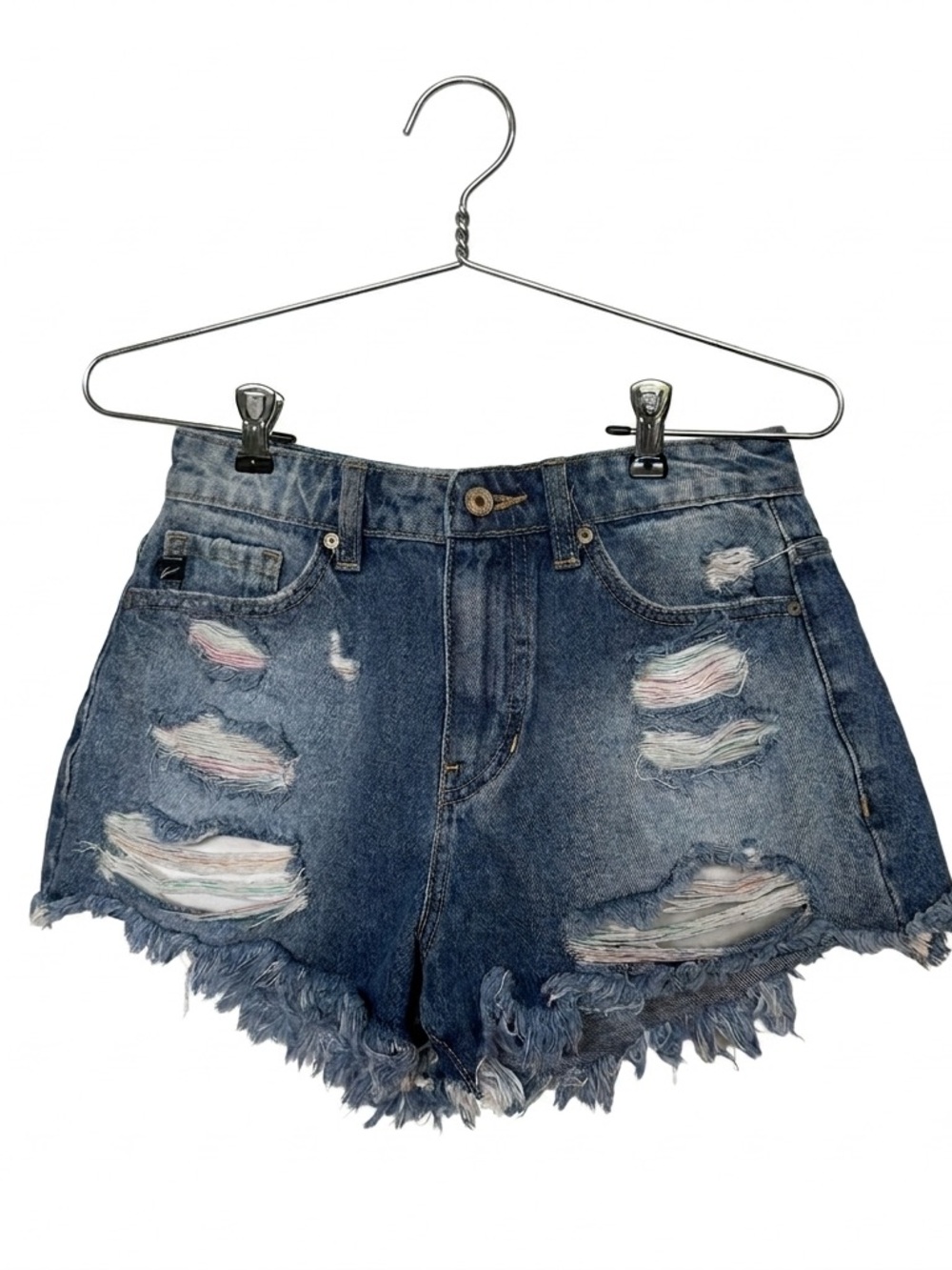 KanCan High Rise Rainbow Thread Distressed Denim Shorts Cut Off Festival Size S
